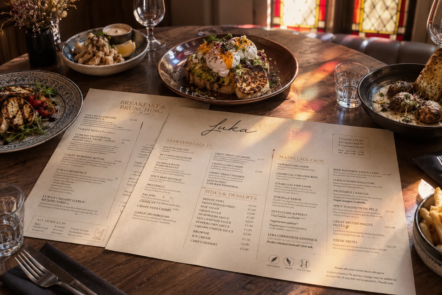 Brunch dishes and Luka menus on a wooden table in warm stained-glass light