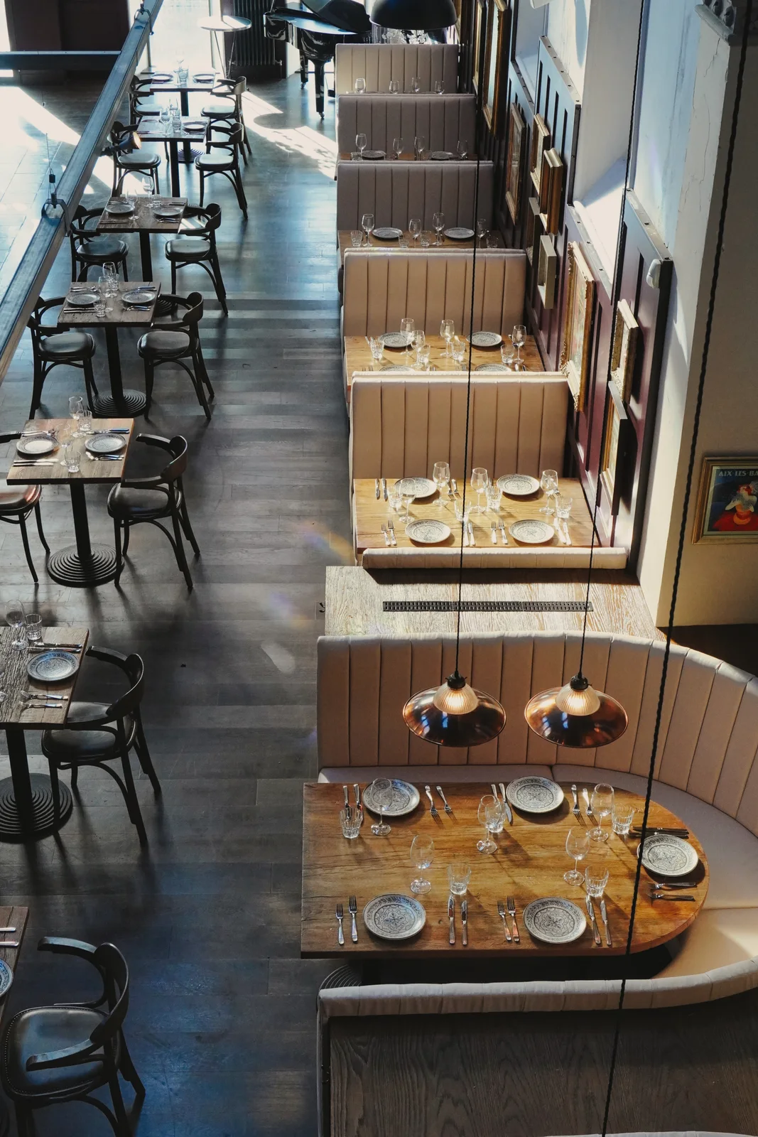 Dining tables viewed from the upstairs gallery