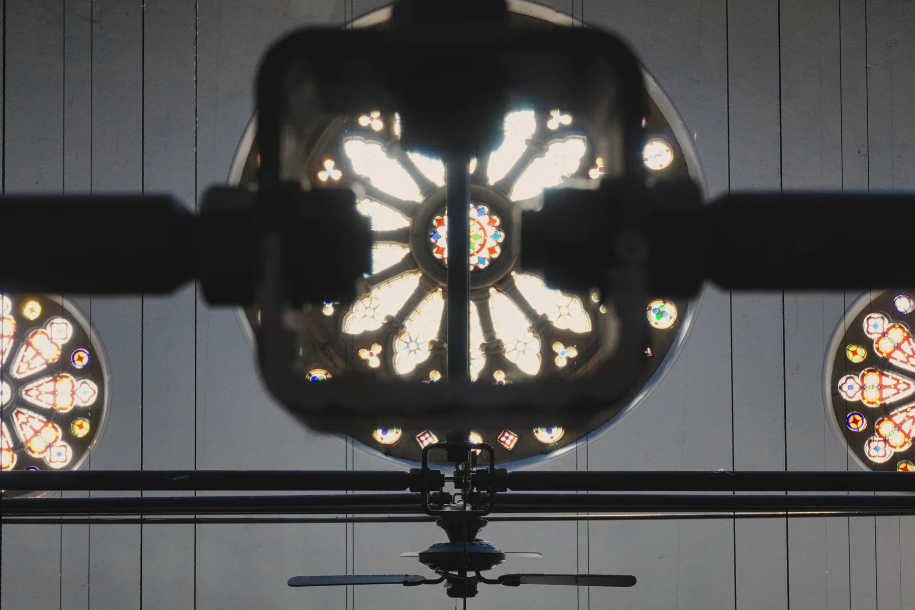 The circular stained-glass rose window