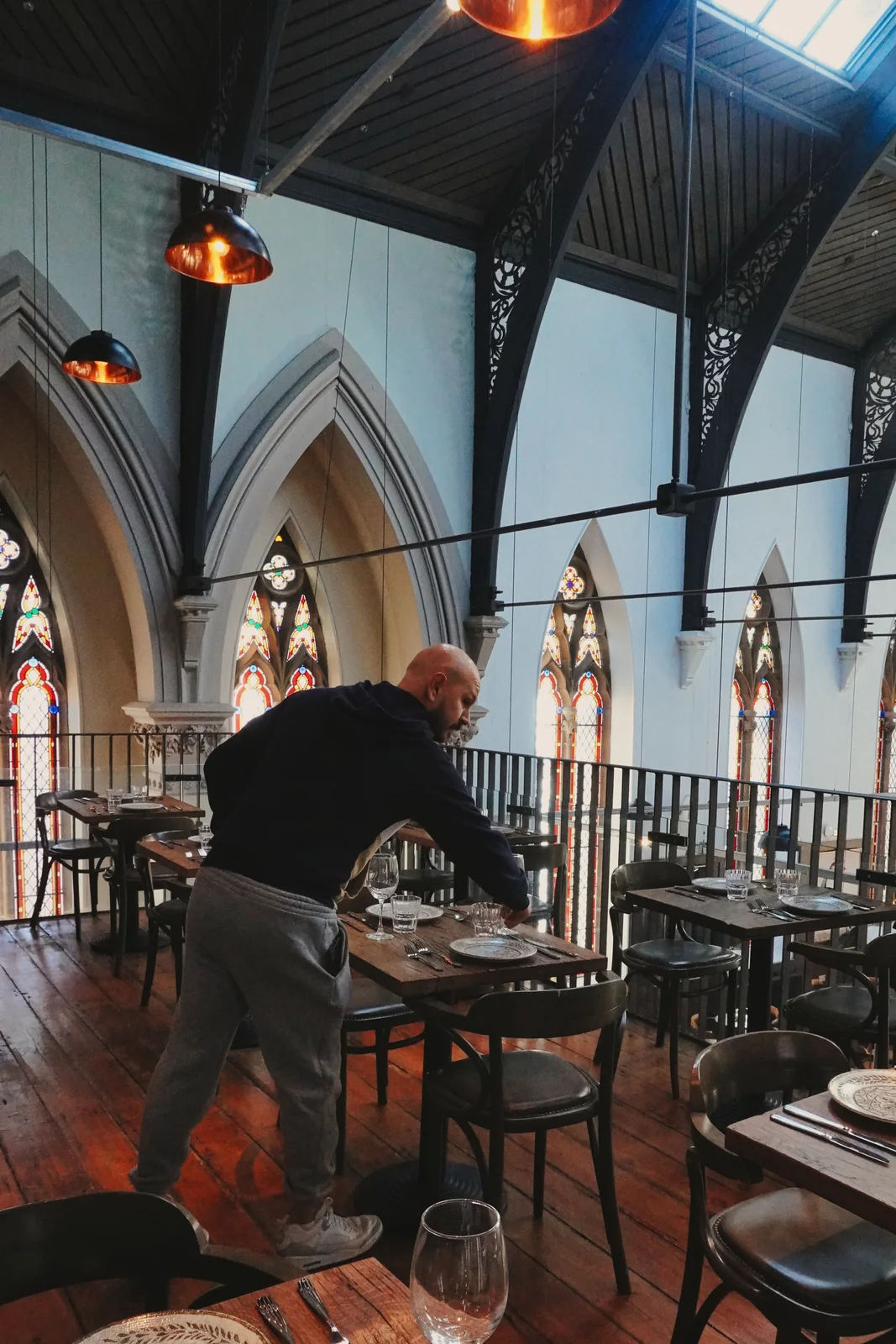 Upstairs dining beneath the church arches